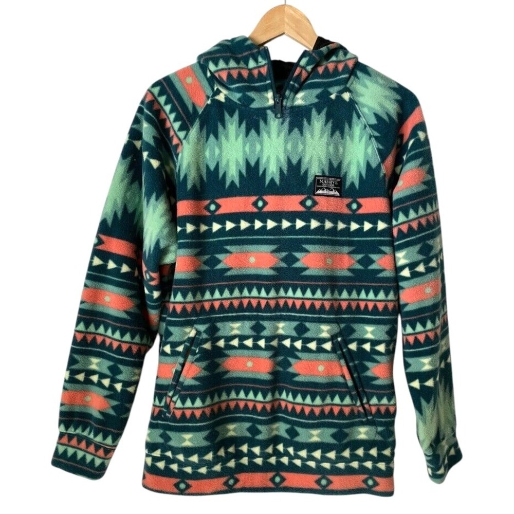 Massive Outdoor Polar Fleece‎ Hoodie Men S Aztec Southwest Green Orange Printed
